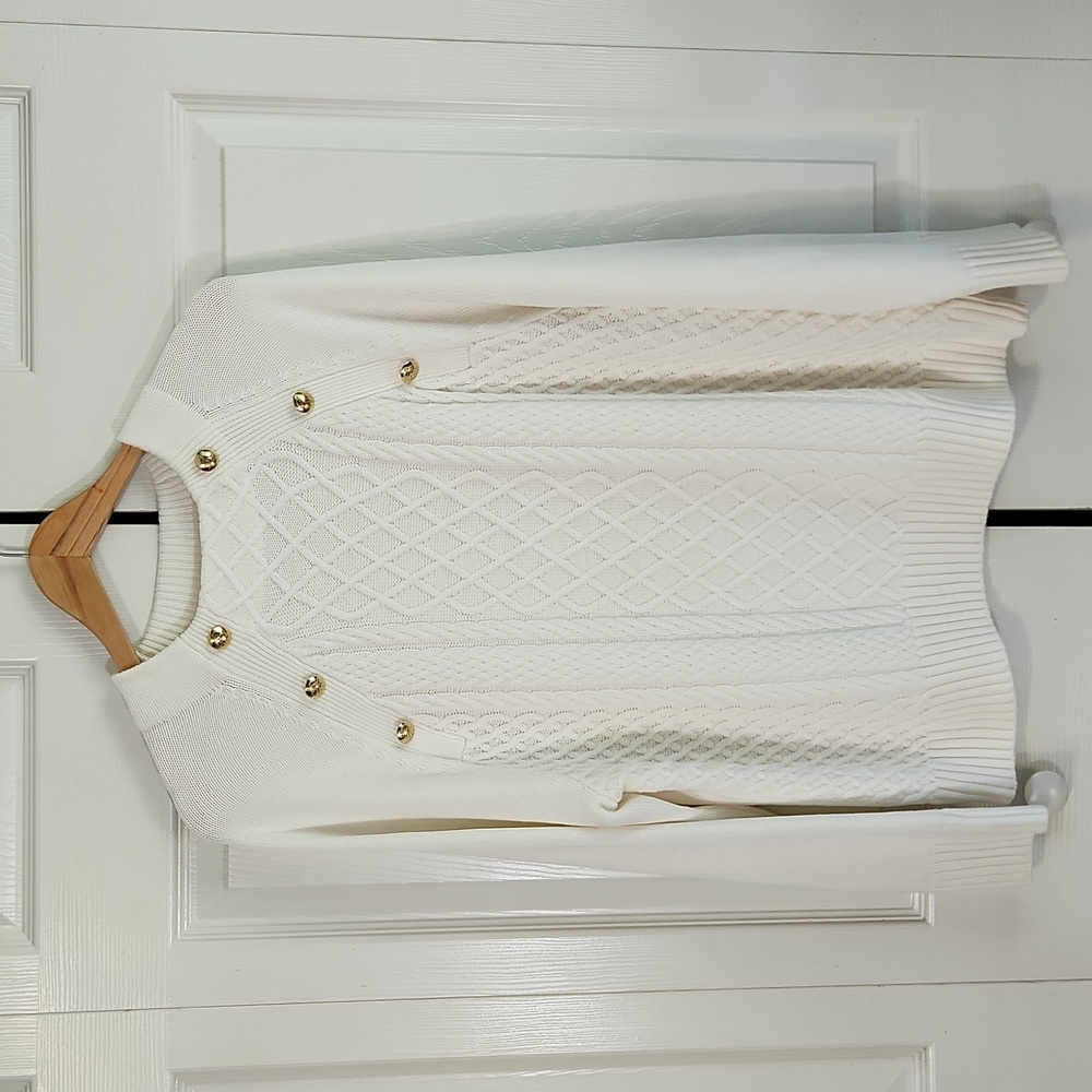 Talbots Ivory Cable Knit Mock Neck Sweater Size XLP‎ Gold Decorative Buttons